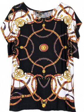 George Tunic Med Black White Gold Chain-Print Dolman Sleeve Stretch Lightweight